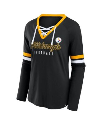 Women's Black Pittsburgh Steelers Plus Size Won Done Lace-Up V-Neck Long Sleeve T-Shirt