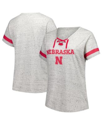 Fanatics - Women's Heather Gray Nebraska Huskers Plus Size Lace-Up V-Neck T-Shirt