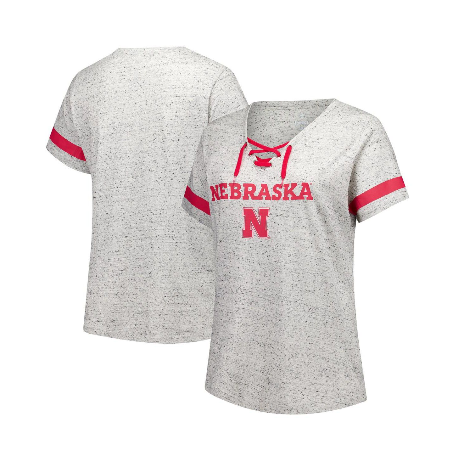 Женская футболка Fanatics Heather Gray Nebraska Huskers Plus Size Lace-Up V-Neck — фото 1