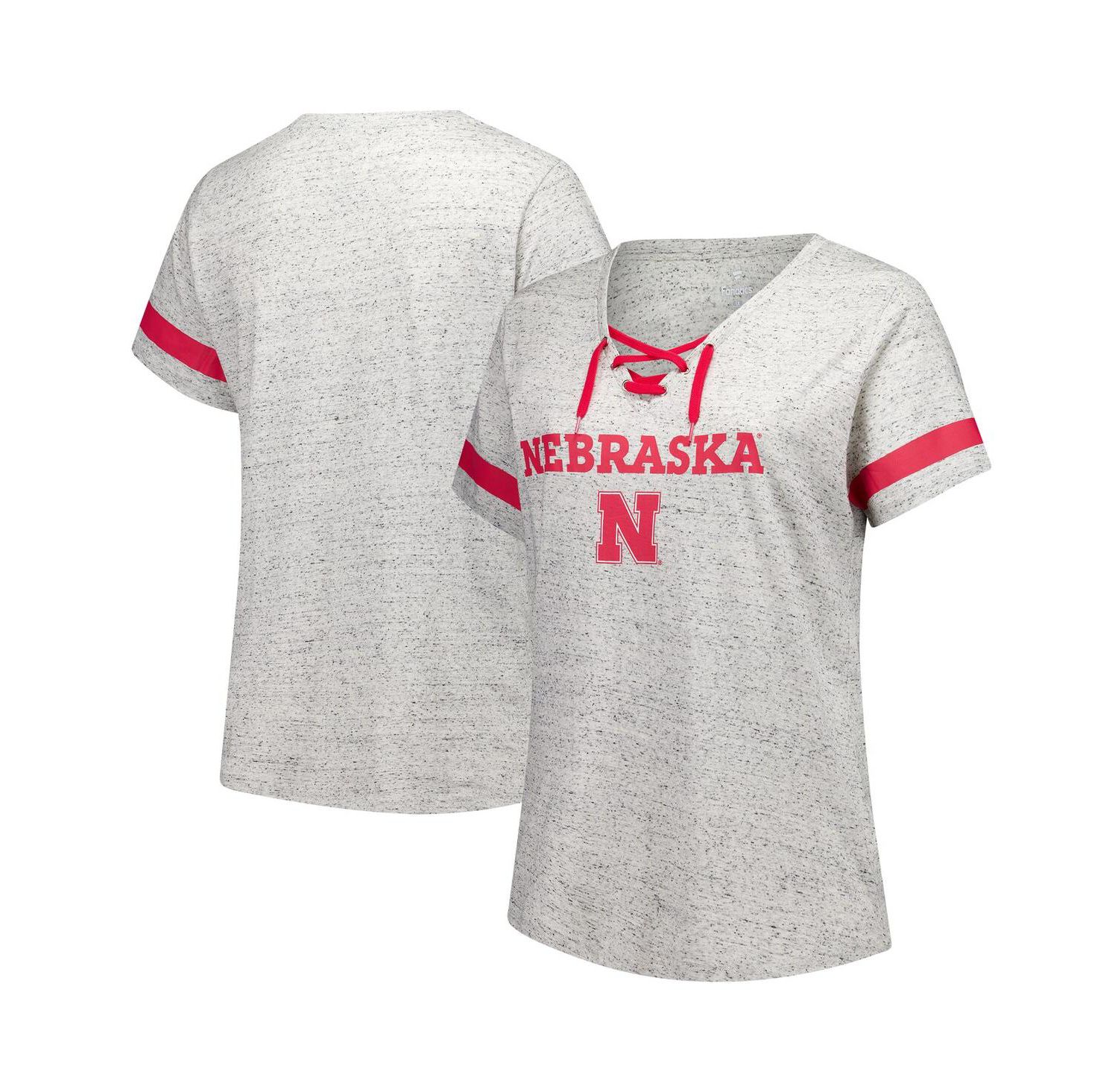 Women's Heather Gray Nebraska Huskers Plus Size Lace-Up V-Neck T-Shirt