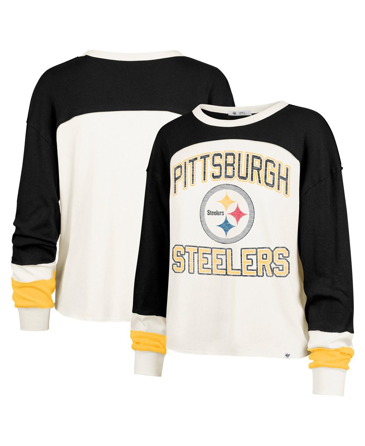 47 Brand Women's Cream Pittsburgh Steelers Double Header Curve Raglan Long Sleeve Crop Top In White