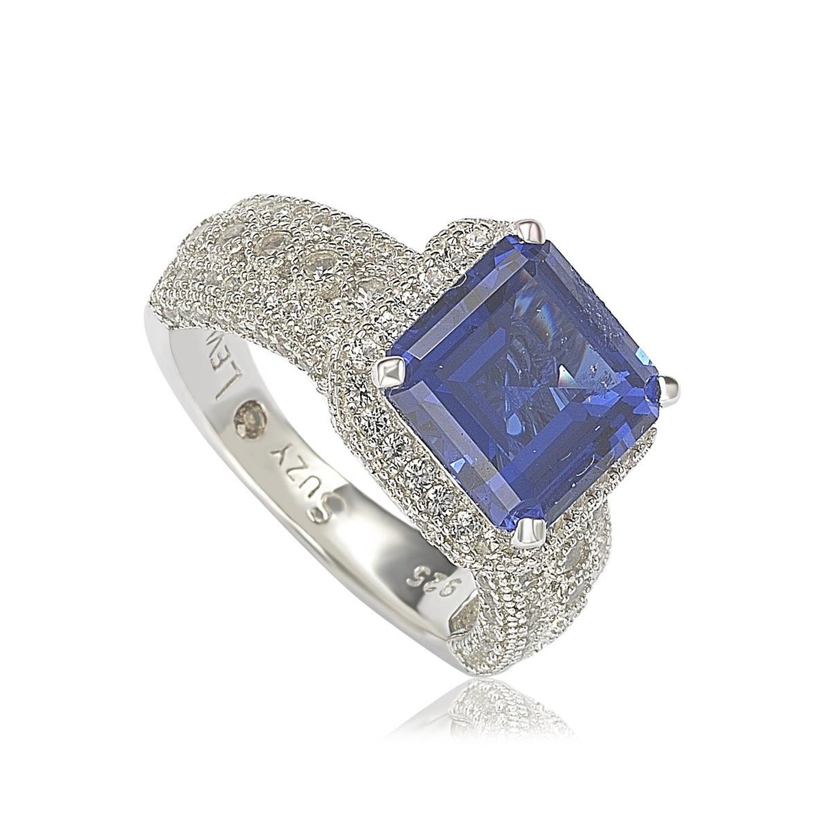 Suzy Levian New York Sterling Silver Sapphire & Created White Sapphire Emerald-Cut Ring