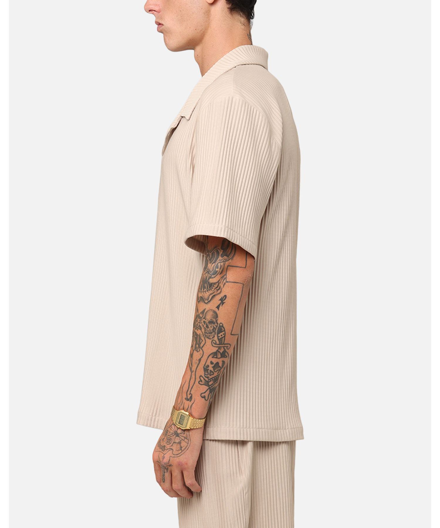 Men's Pleated Button Up Shirt - Tan L