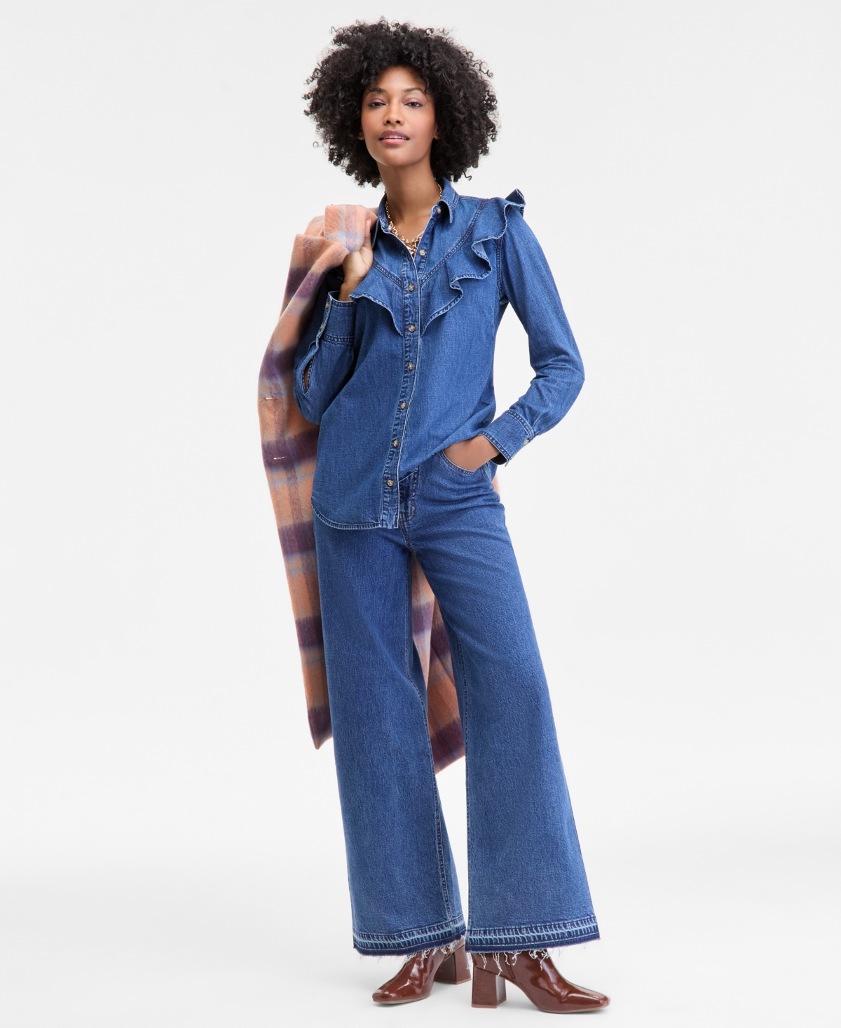 On 34th Women's Denim Ruffle Shirt, Macy's Exclusive In Blue