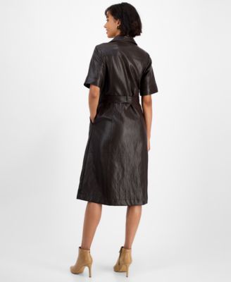 Women's Faux-Leather Belted Button-Front Dress