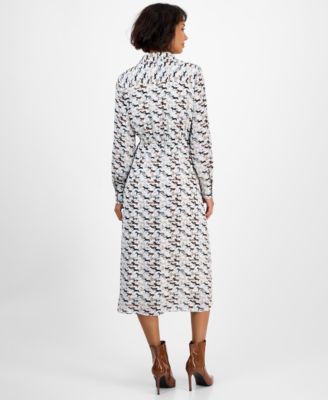 Women's Horse-Print Button-Front Long-Sleeve Dress