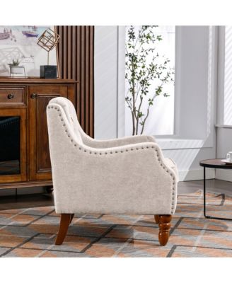 Footrest Chair Set with Vintage Brass Studs, Button Tufted Upholstered Armchair