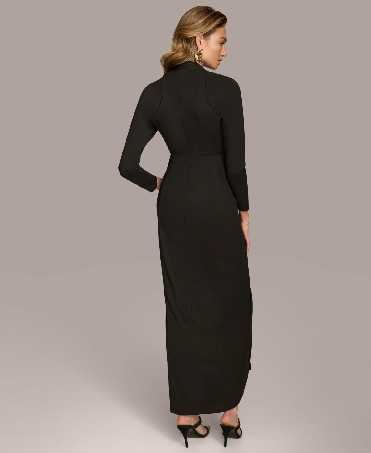 Donna Karan Belted Slit Long Sleeve Maxi Dress In Black