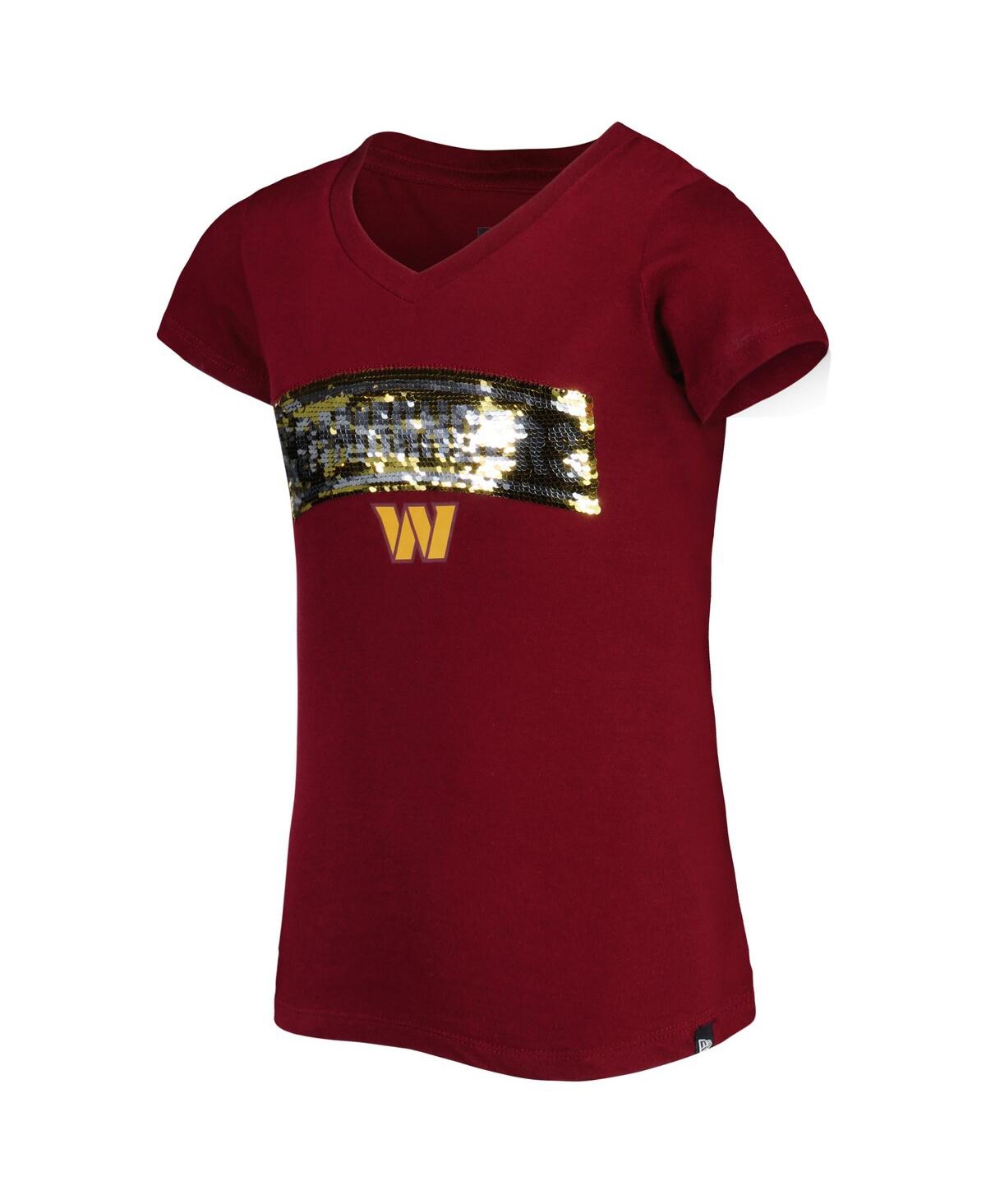 New Era Big Girls Burgundy Washington Commanders Reverse Sequin Wordmark V-neck T-shirt In Brown