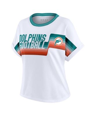 Women's White Miami Dolphins Cropped Center Stripe Dolman T-Shirt