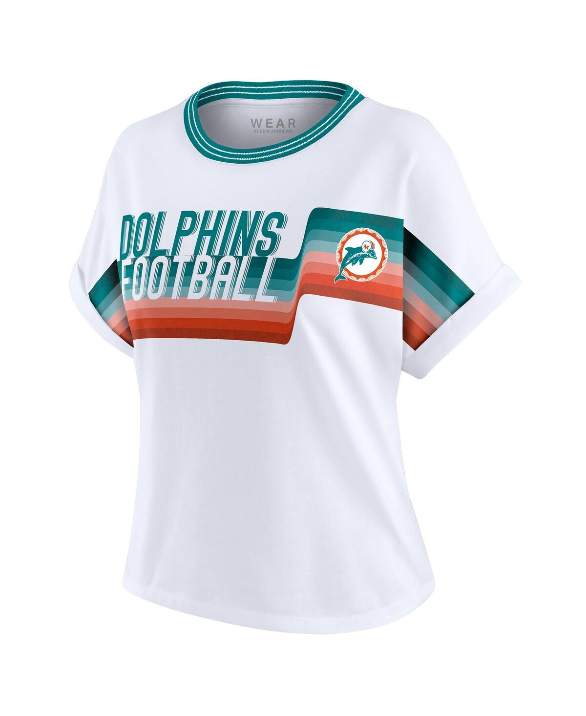 Wear By Erin Andrews White Miami Dolphins Cropped Center Stripe Dolman T-shirt In Green