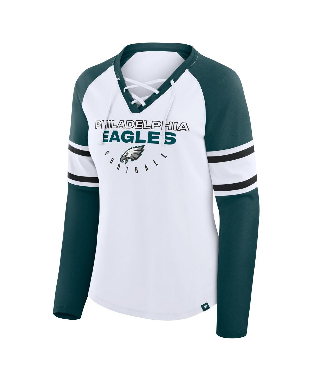 Fanatics Women's White/green Philadelphia Eagles Redzone Blitz Package Raglan Lace-up V-neck Long Sleeve T-sh In Multi