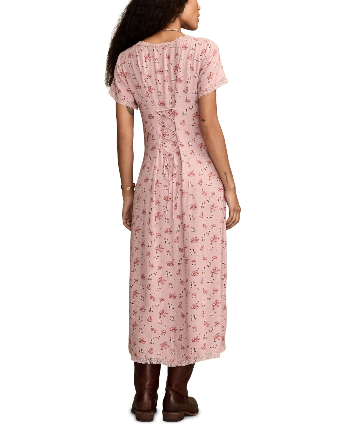 Lucky Brand Simone Floral Lace Trim Midi Dress In Multi