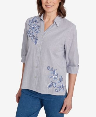 Women's Classic Diagonal Floral Metallic Stripe Button Front Top