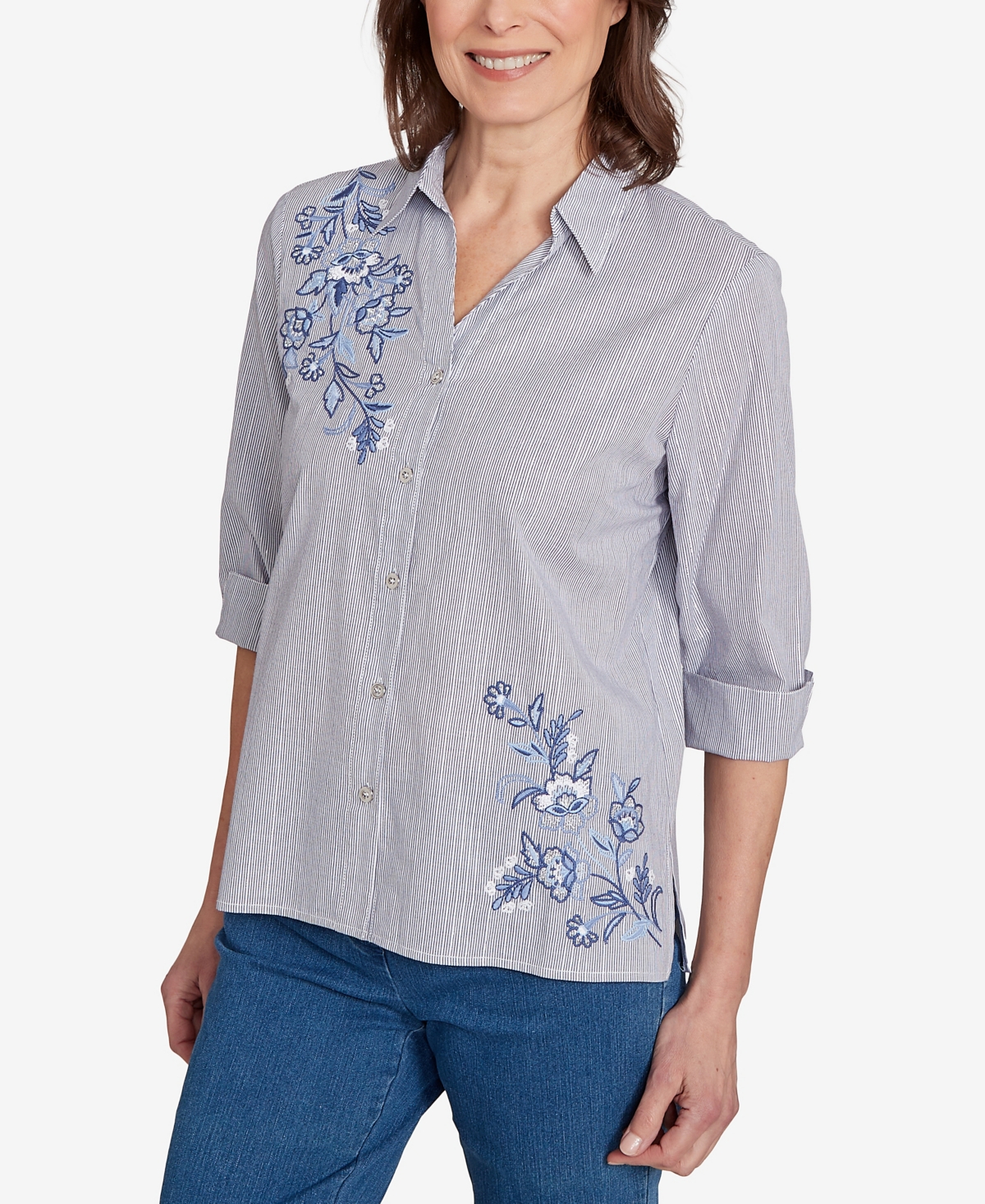 Alfred Dunner Women's Classic Diagonal Floral Metallic Stripe Button Front Top In Blue