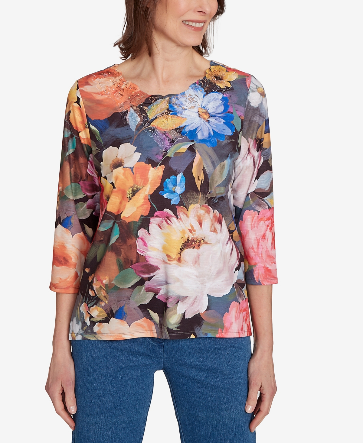 Alfred Dunner Women's Classic Dramatic Floral Lace Neck Top In Multi