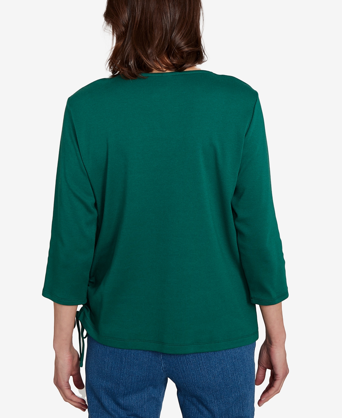 Alfred Dunner Women's Classic Asymmetric Pumpkin Split Beaded Floral Top In Green