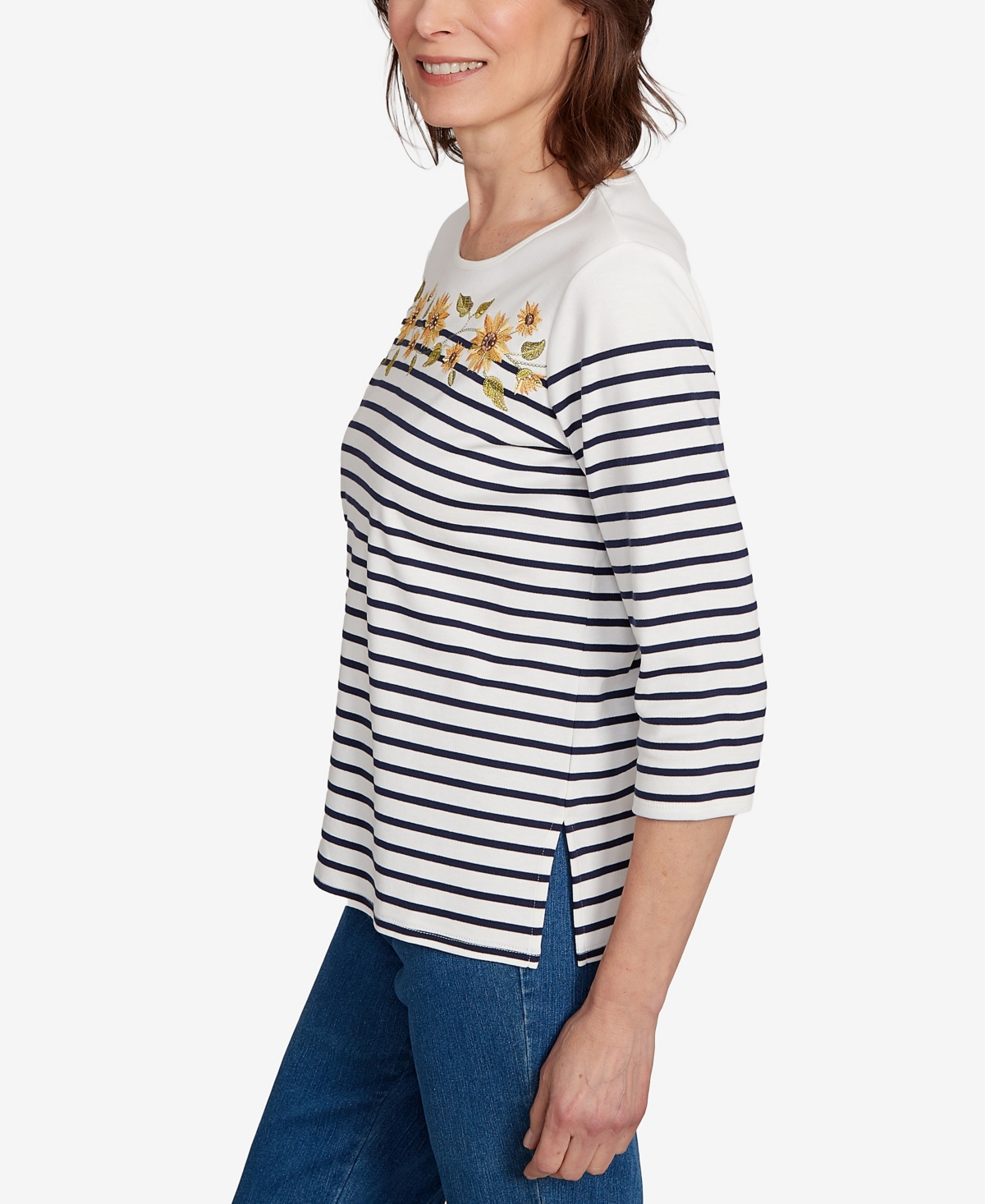 Alfred Dunner Petite Sunflower Stripe Top In Gray