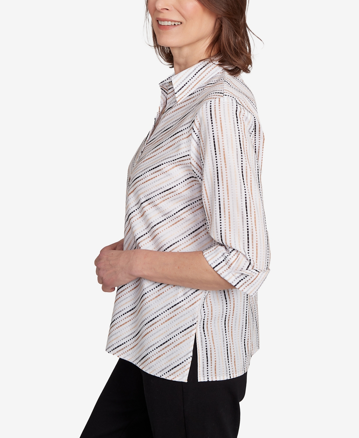 Alfred Dunner Women's Classic Mitered Textured Stripe Button Front Top