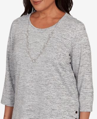 Women's Classic Melange Side Button Crew Neck Top with Necklace
