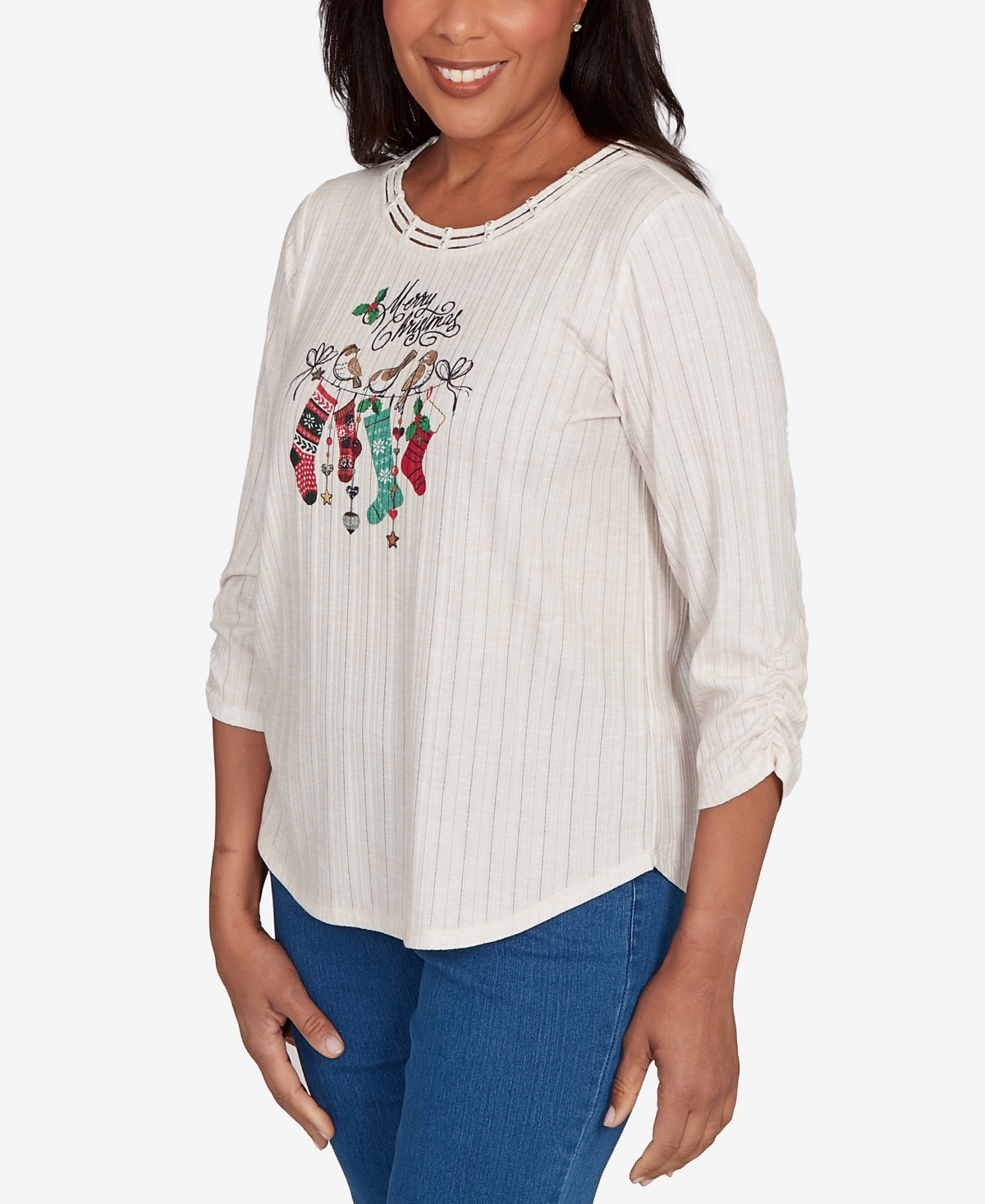 Alfred Dunner Plus Size Classic Holiday Stockings Gathered Sleeve Top In White