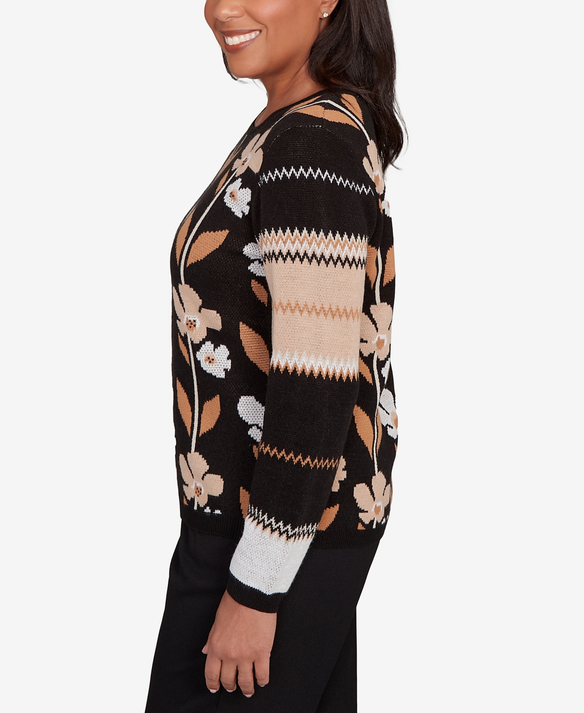 Alfred Dunner Women's Classic Vertical Flower Zig Zag Long Sleeves Sweater In Black