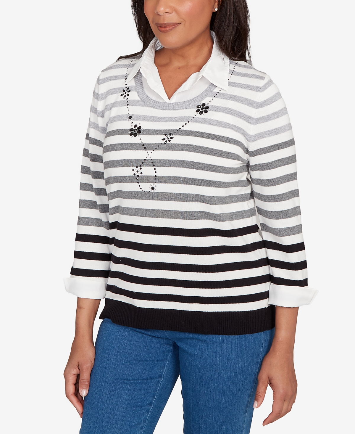 Alfred Dunner Women's Classic Ombre Stripe Two In One Sweater In Black