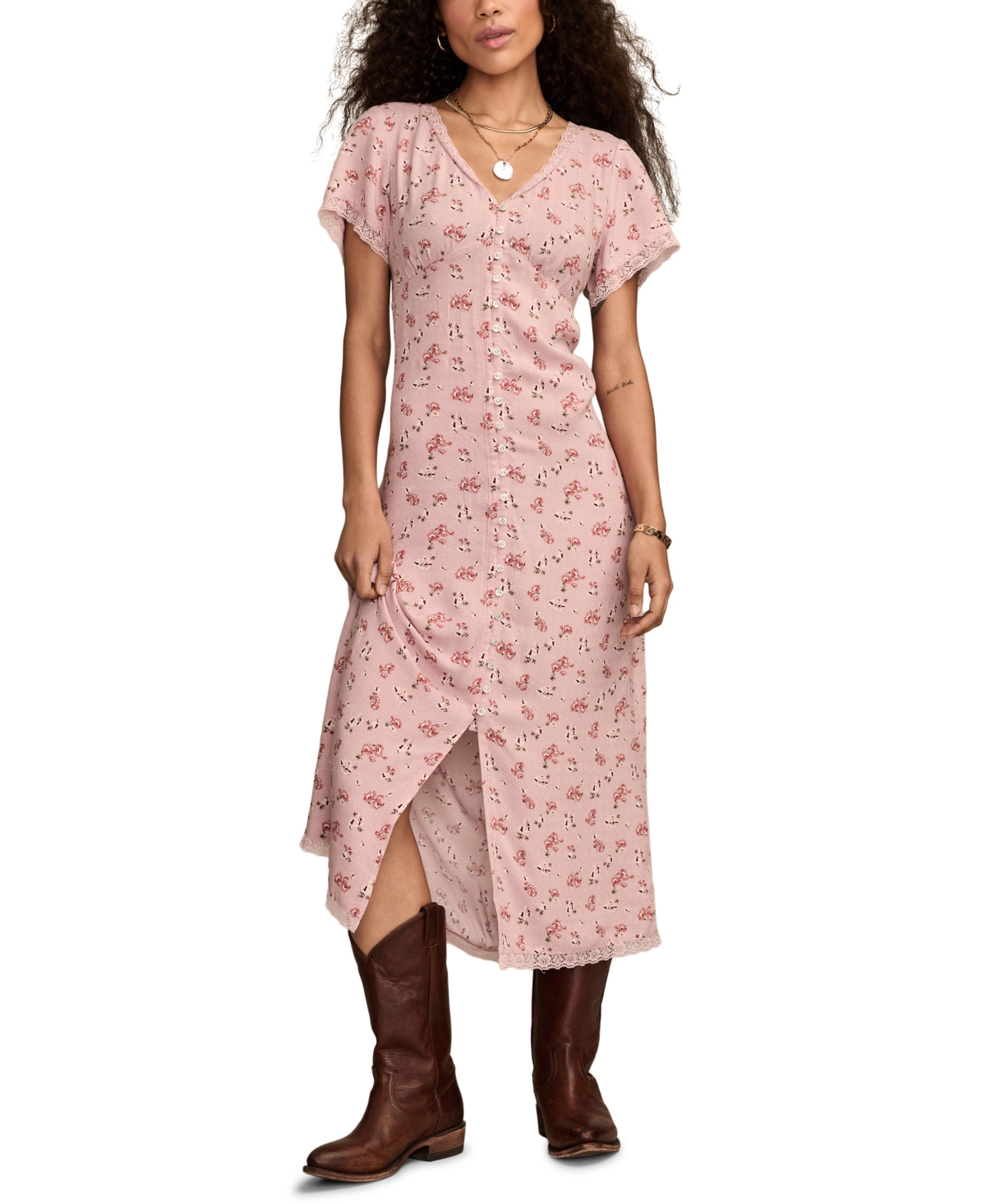 Lucky Brand Simone Floral Lace Trim Midi Dress In Multi