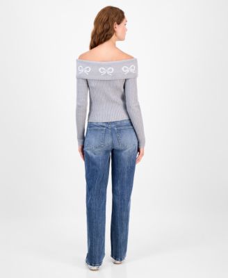 Juniors' Jacquard-Bow Off-The-Shoulder Sweater 
