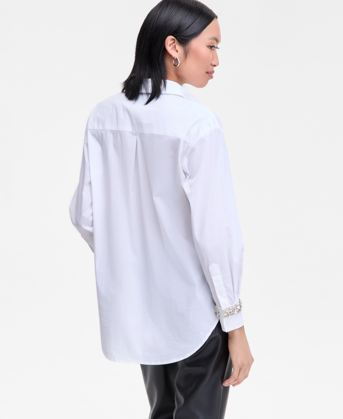 Inc International Concepts Women's Embellished-cuff Relaxed Shirt, Macy's Exclusive In White