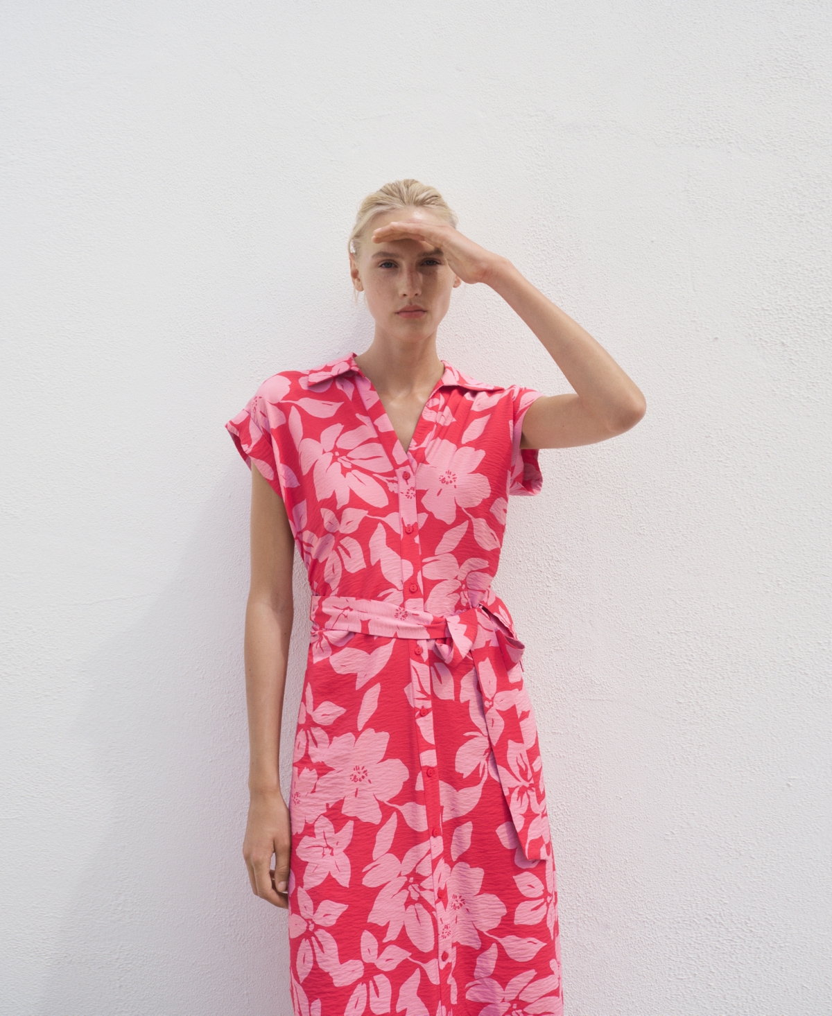 Mango Floral Print Shirt Style Dress Fuchsia In Pink