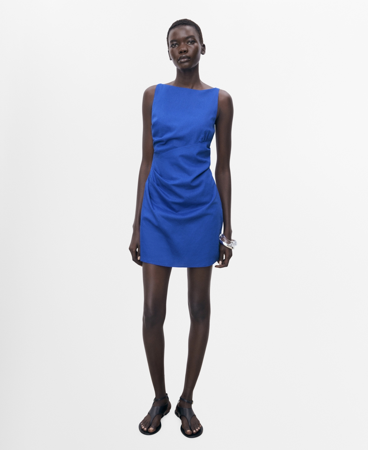 Mango Short Draped Linen Dress Vibrant Blue In Blue