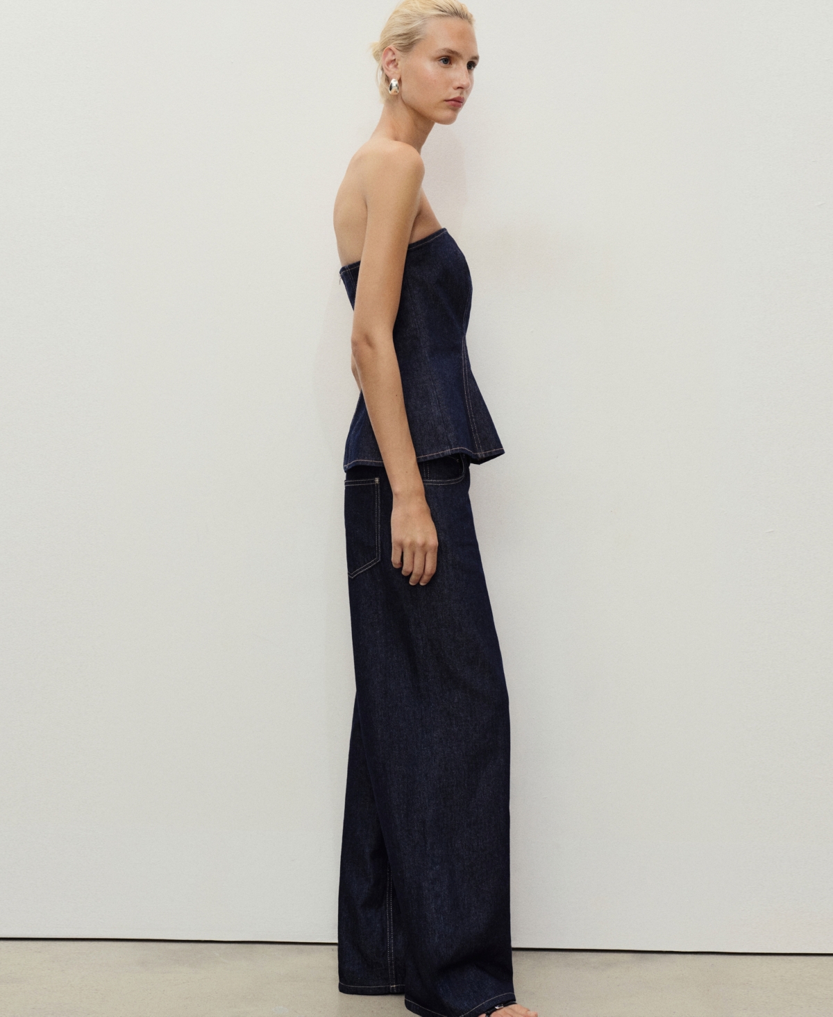 Mango Denim Peplum Top Open Blue In Blue