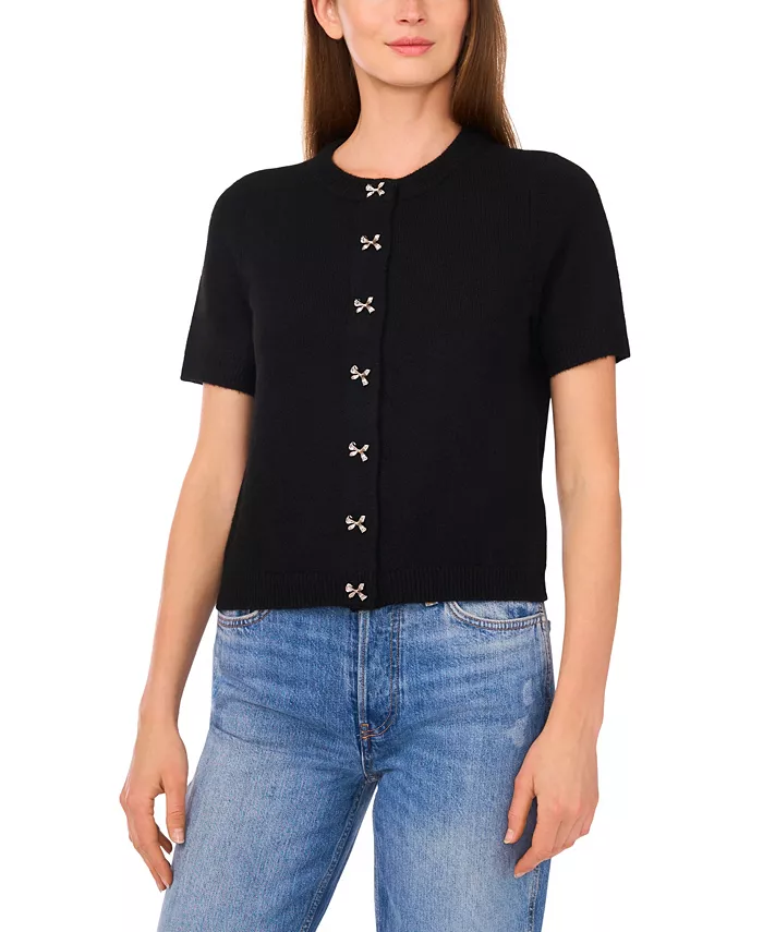 Women's Short Sleeve Bow Button Cardigan Sweater