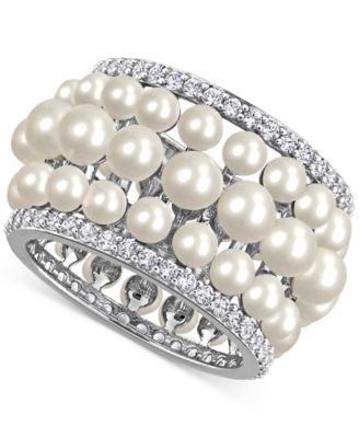 Macy's - Cultured Freshwater Pearl (3 - 4-1/2mm) & Lab Grown White Sapphire (1-5/8 ct. t.w.) Multirow Ring in Sterling Silver