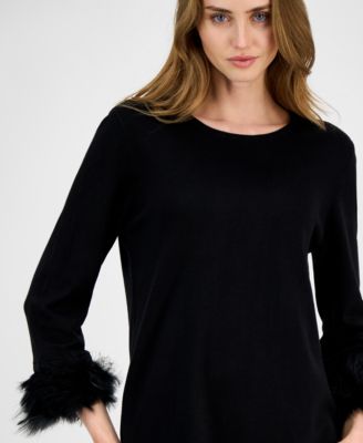 Petite Feather-Trim Long-Sleeve Top