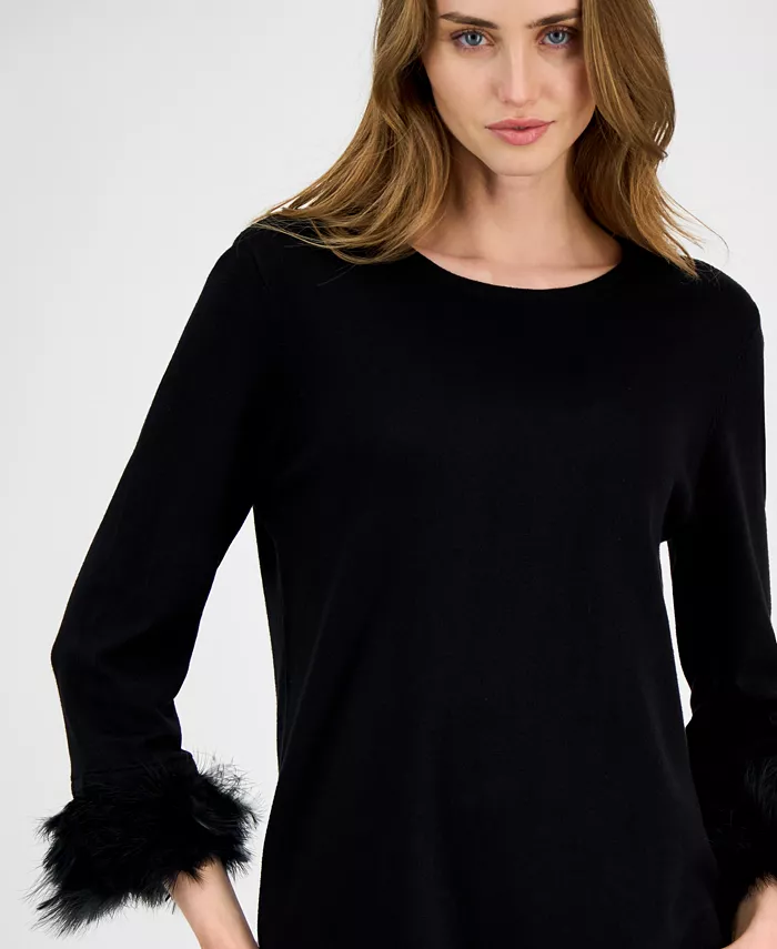 Women's Crewneck Feather-Trim-Cuff Sweater - thumbnail 2