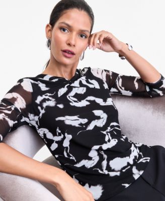 Women's Twist-Neck Printed Mesh Top