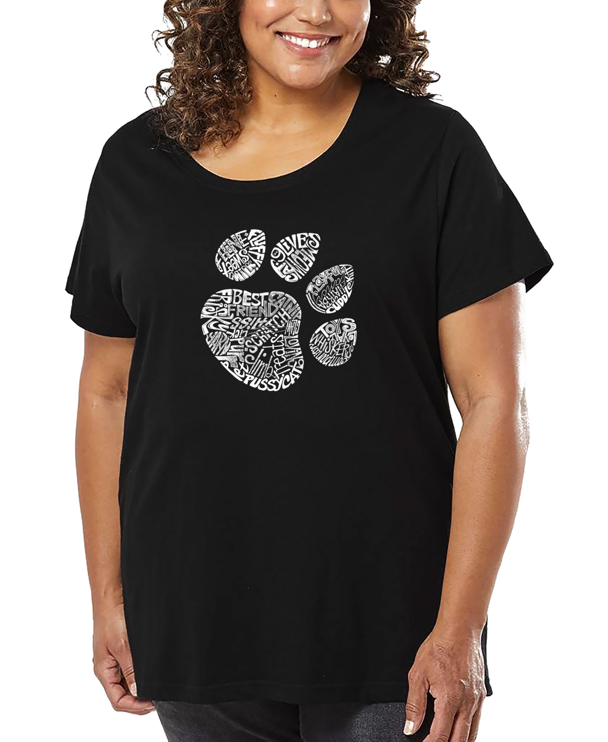 La Pop Art Plus Size Cat Paw Word Art T-shirt In Black