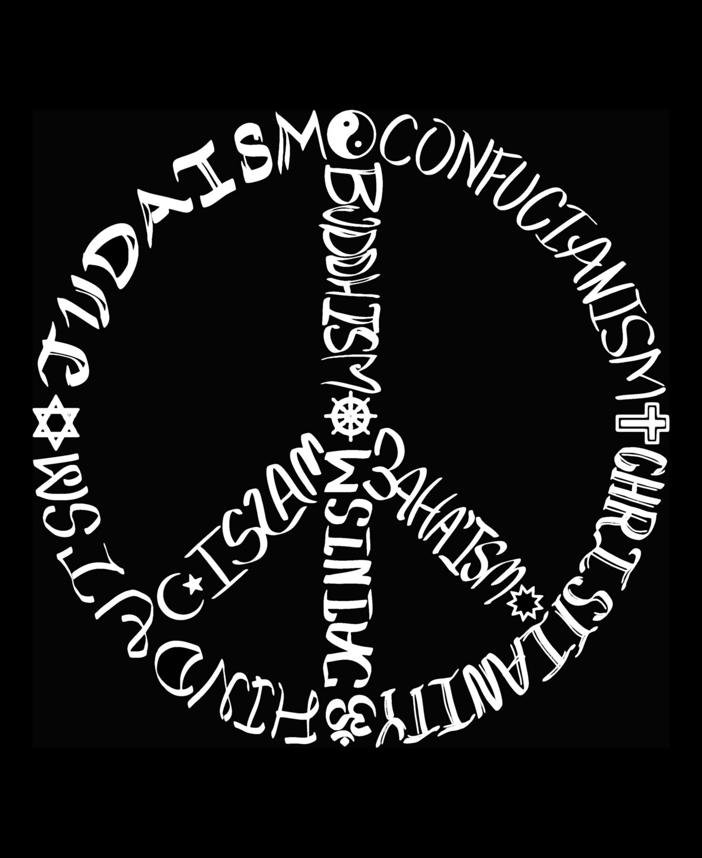 Женская футболка LA Pop Art Plus Size Different Faiths Peace Sign Word Art, цвет: Чёрный — фото 2