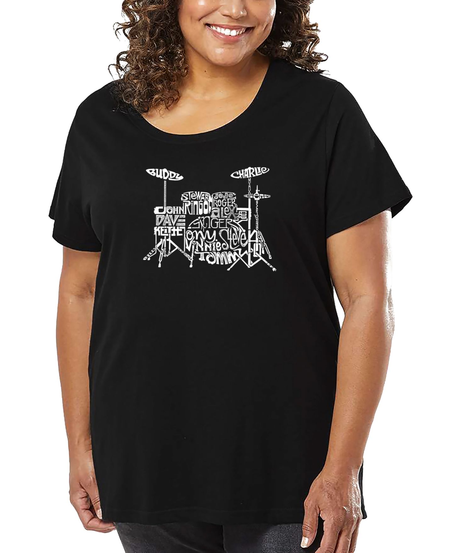 Женская футболка LA Pop Art Plus Size Drums Word Art, цвет: Чёрный — фото 1