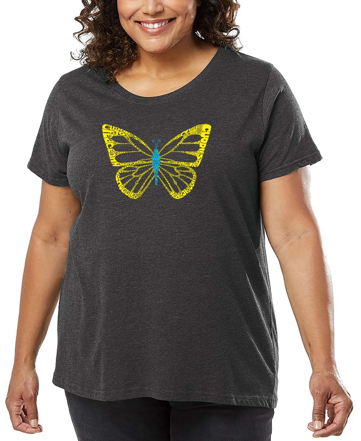 La Pop Art Plus Size Butterfly Word Art T-shirt In Gray