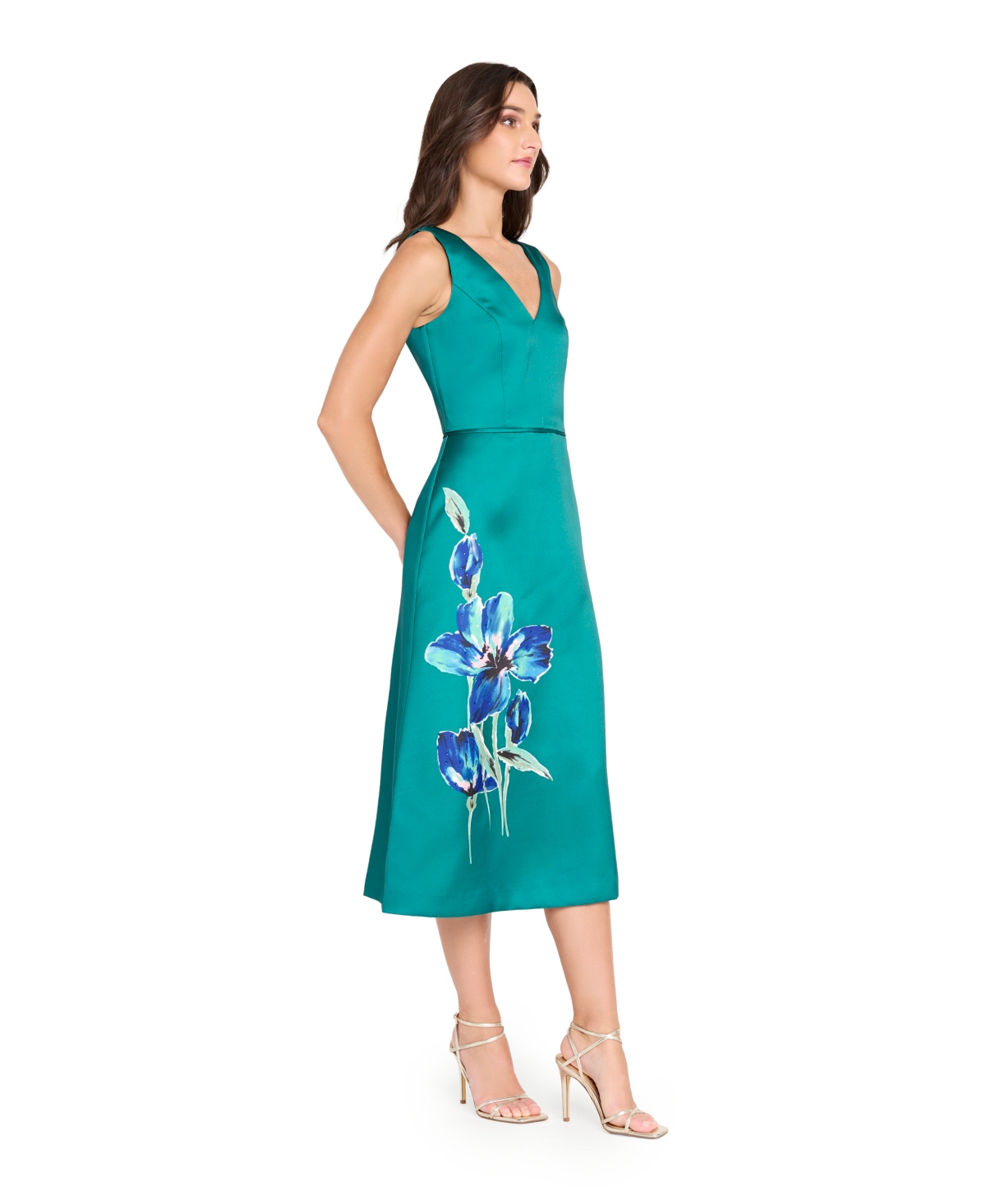 Tahari Asl Women's V-neck Flower Print Detail Midi Dress In Green