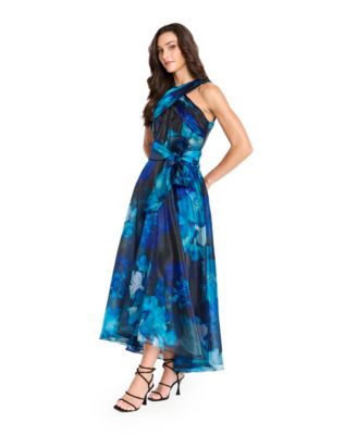 Women's Printed Organza Cross Neck Midi Dress