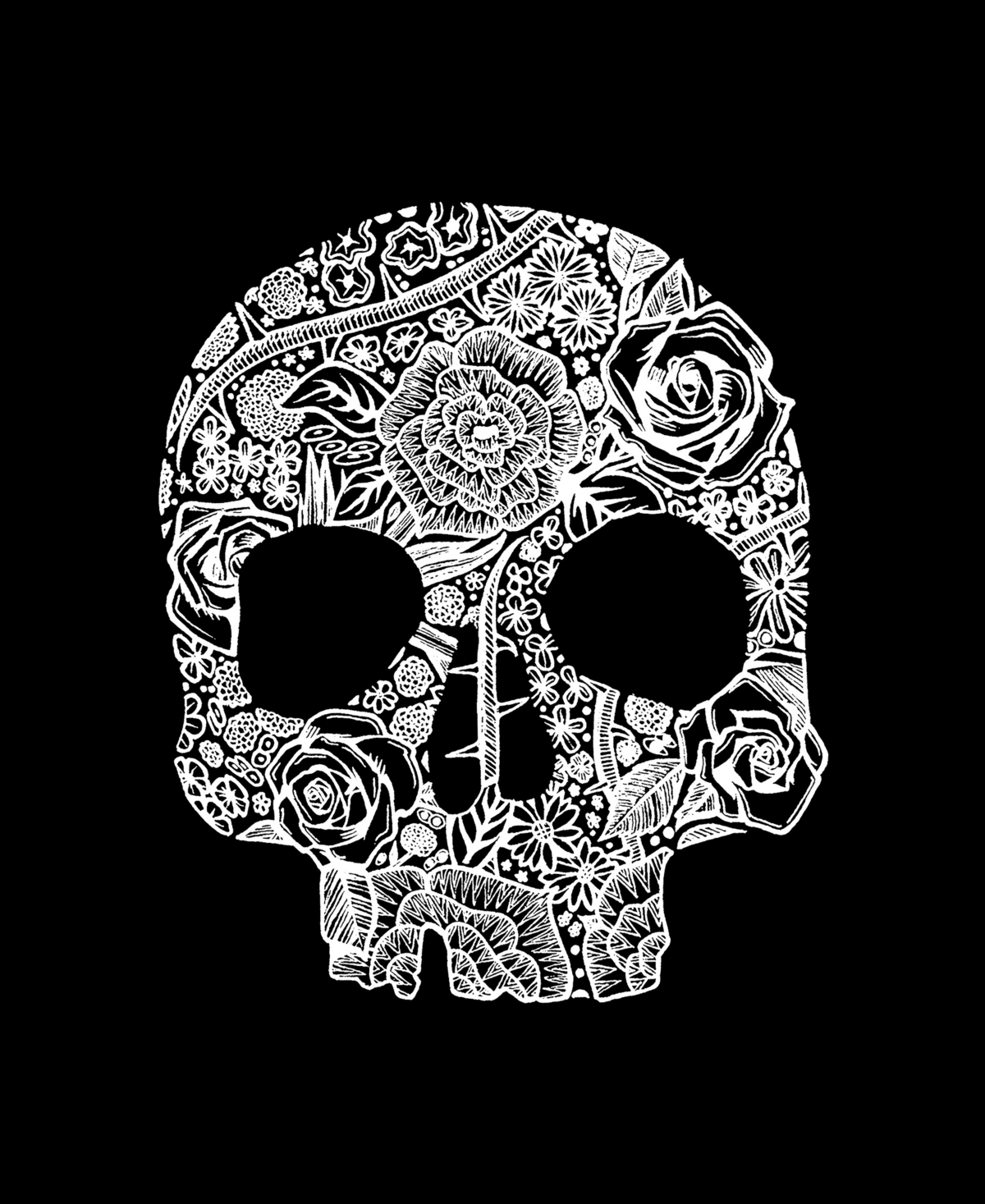 La Pop Art Plus Size Flower Skull Word Art T-shirt In Black