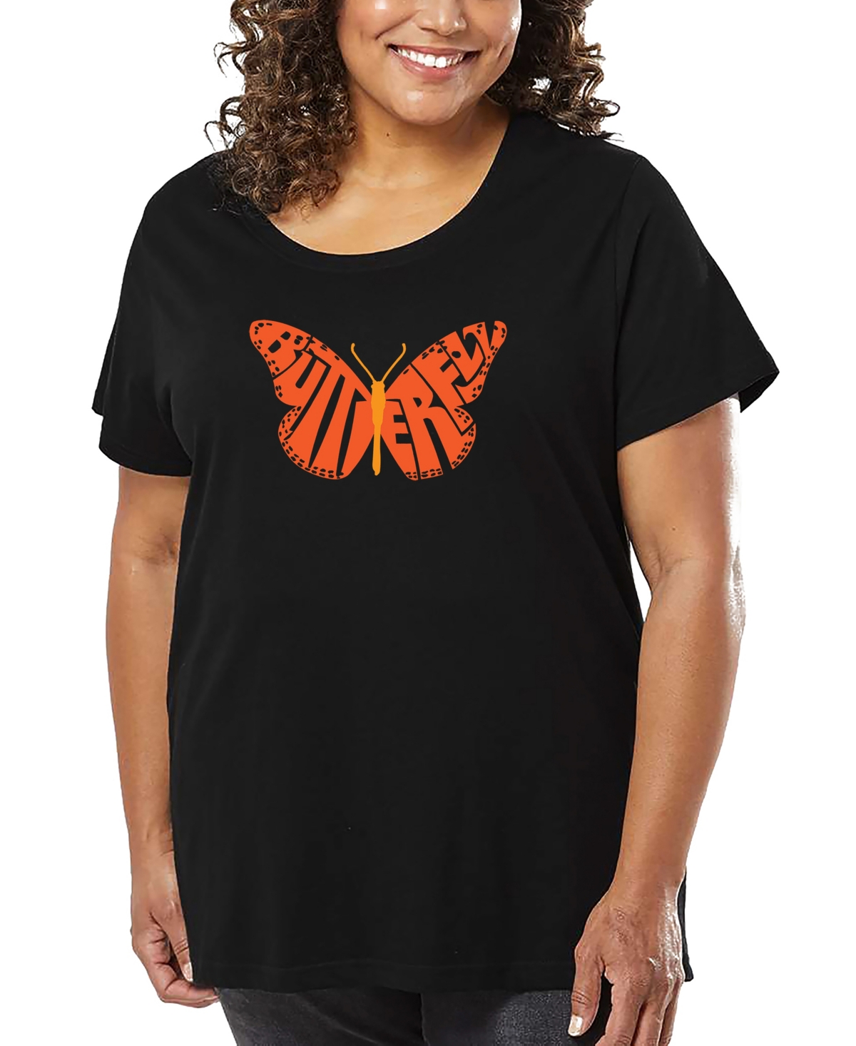 La Pop Art Plus Size Butterfly Word Art T-shirt In Black