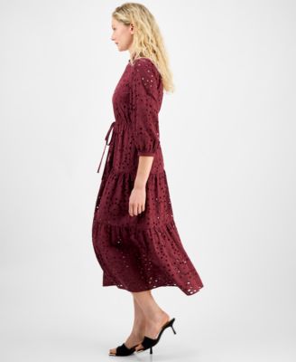 Women's Eyelet Tie-Waist 3/4-Sleeve Midi Dress