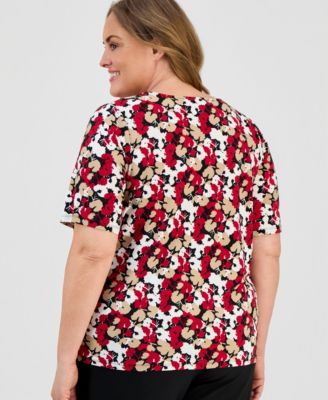 Plus Size Pleated-Neck Elbow-Sleeve Knit Top