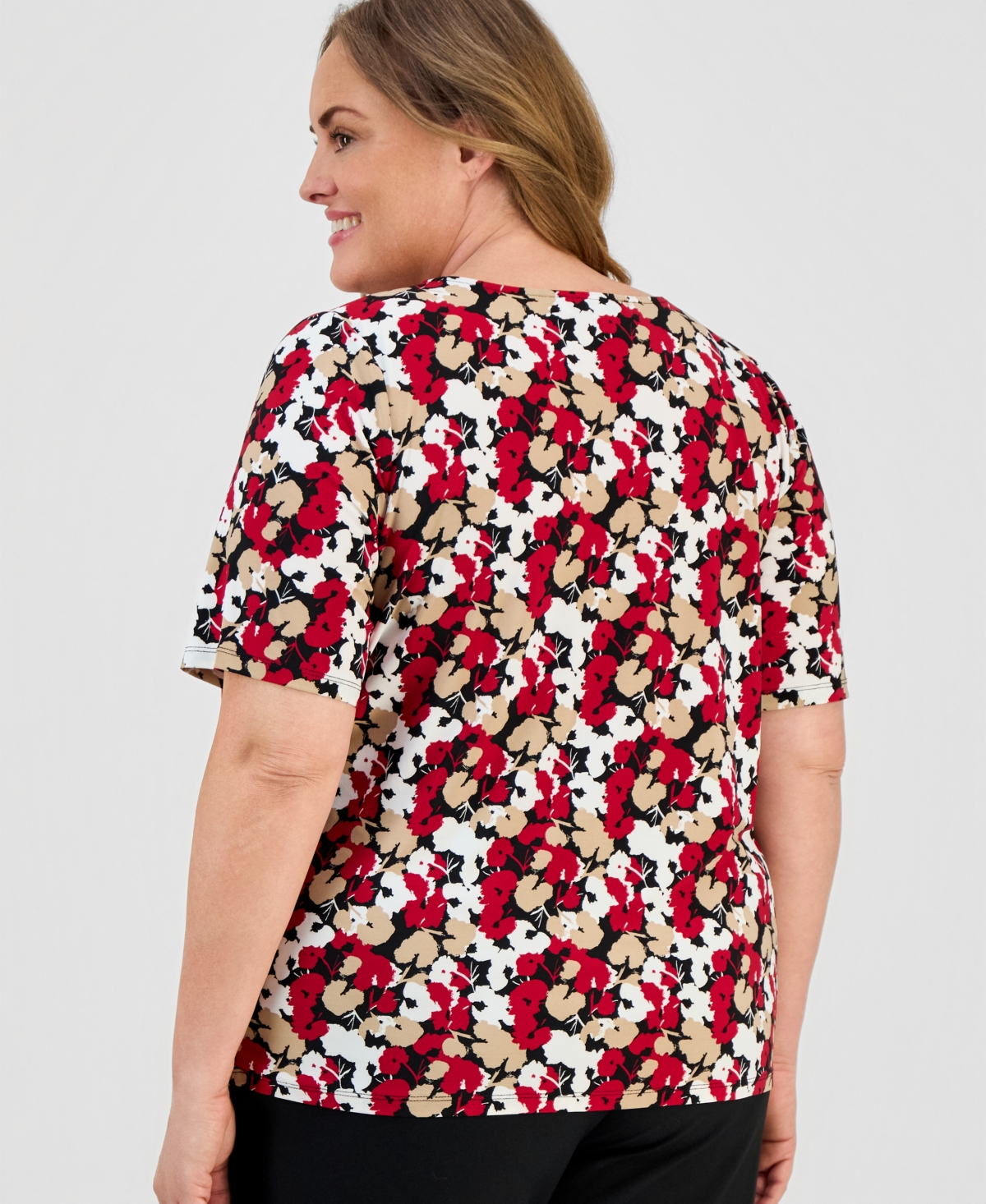 Kasper Plus Size Pleated-Neck Elbow-Sleeve Knit Top