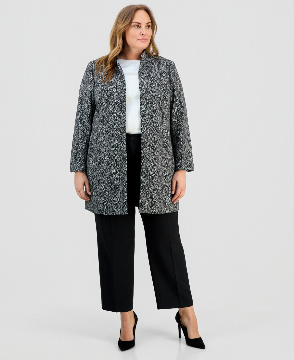 Kasper Plus Size Knit Jacquard Long Jacket In Multi